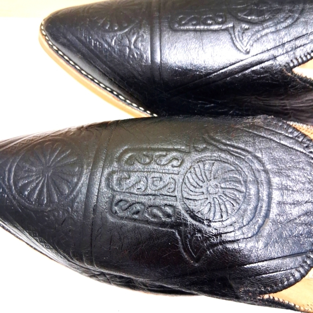 Hamsa Slippers Black Leather Embossed Slides Pointed Toe EU 42 US 11 - Picture 3 of 14